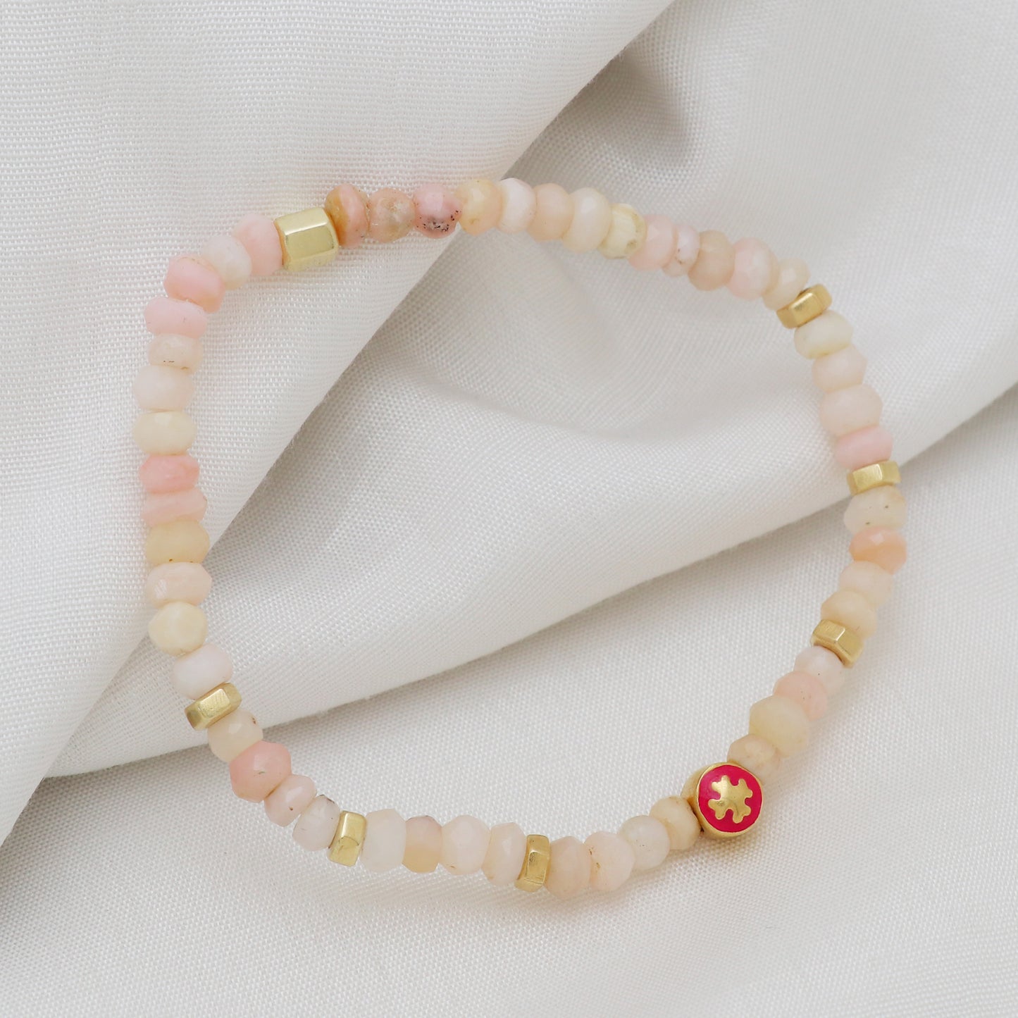 Pink opal flower charm stretch bracelet with pink enamel in gold plated 925 sterling silver