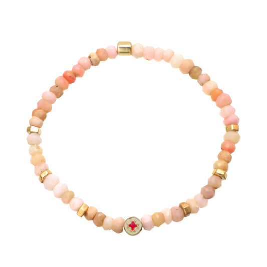 Pink opal flower charm stretch bracelet with pink and white enamel in gold plated 925 sterling silver