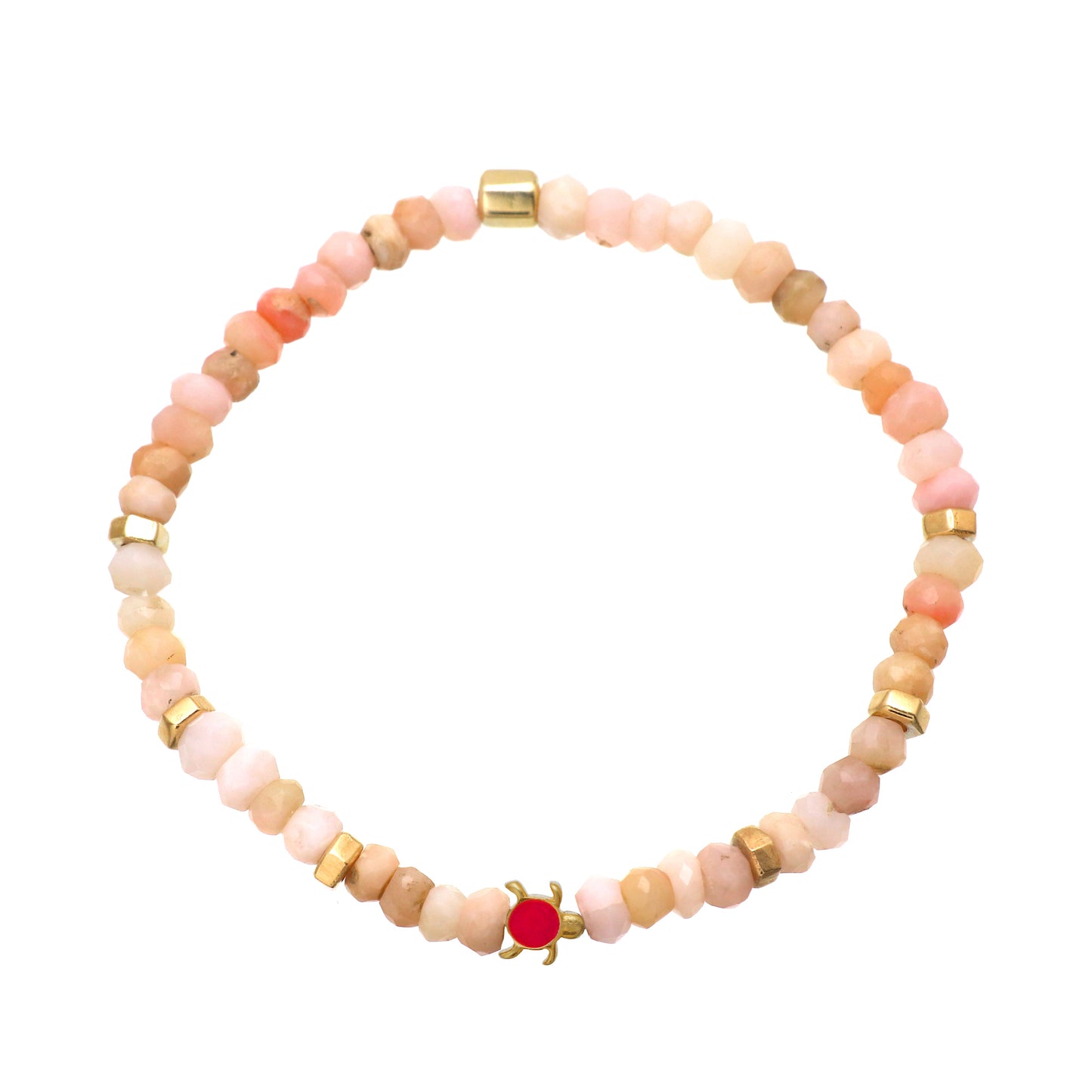 Pink opal turtle charm stretch bracelet with pink enamel in gold plated 925 sterling silver