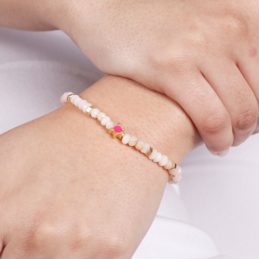 Pink opal turtle charm stretch bracelet with pink enamel in gold plated 925 sterling silver