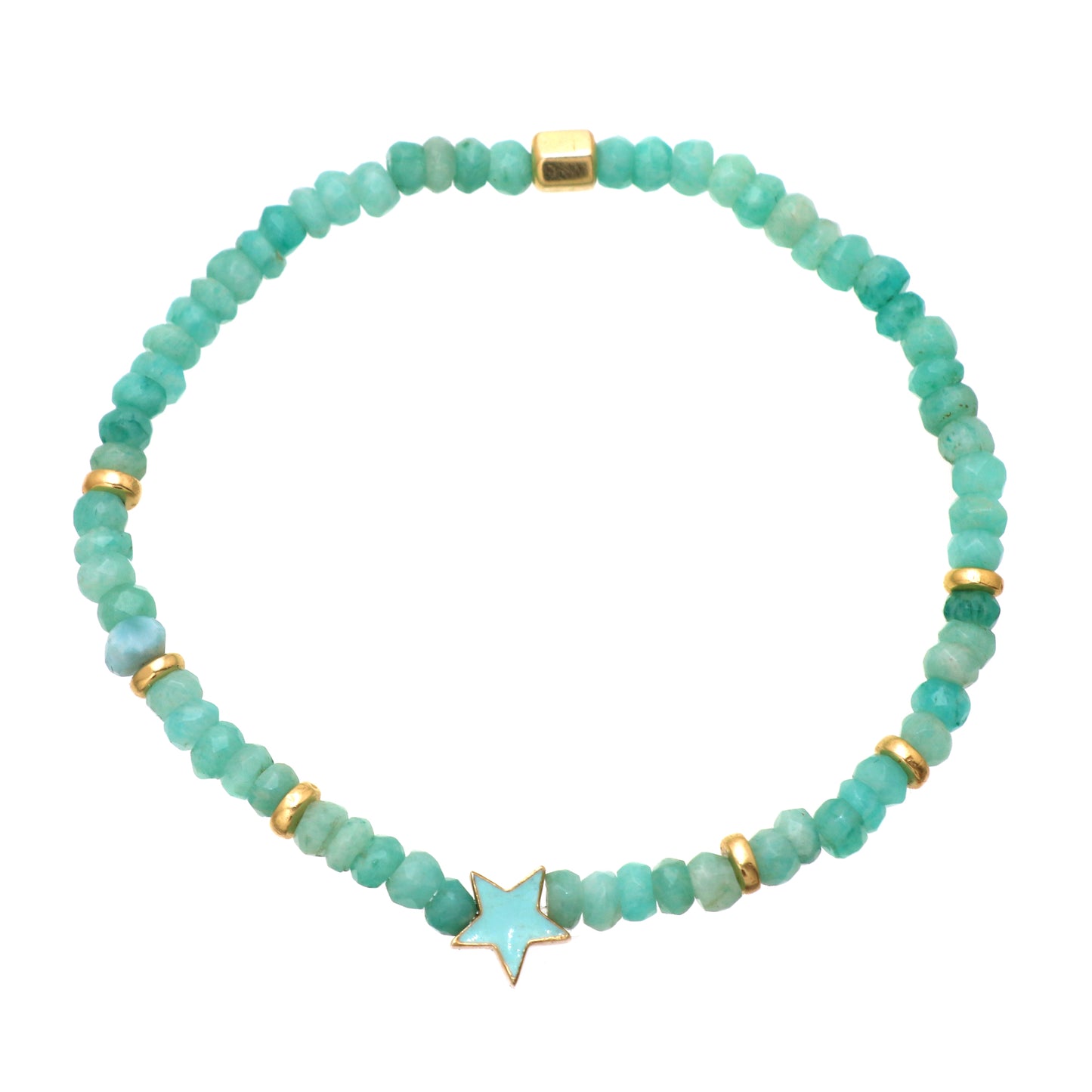 Amazonite star charm stretch bracelet with blue enamel and in gold plated 925 sterling silver