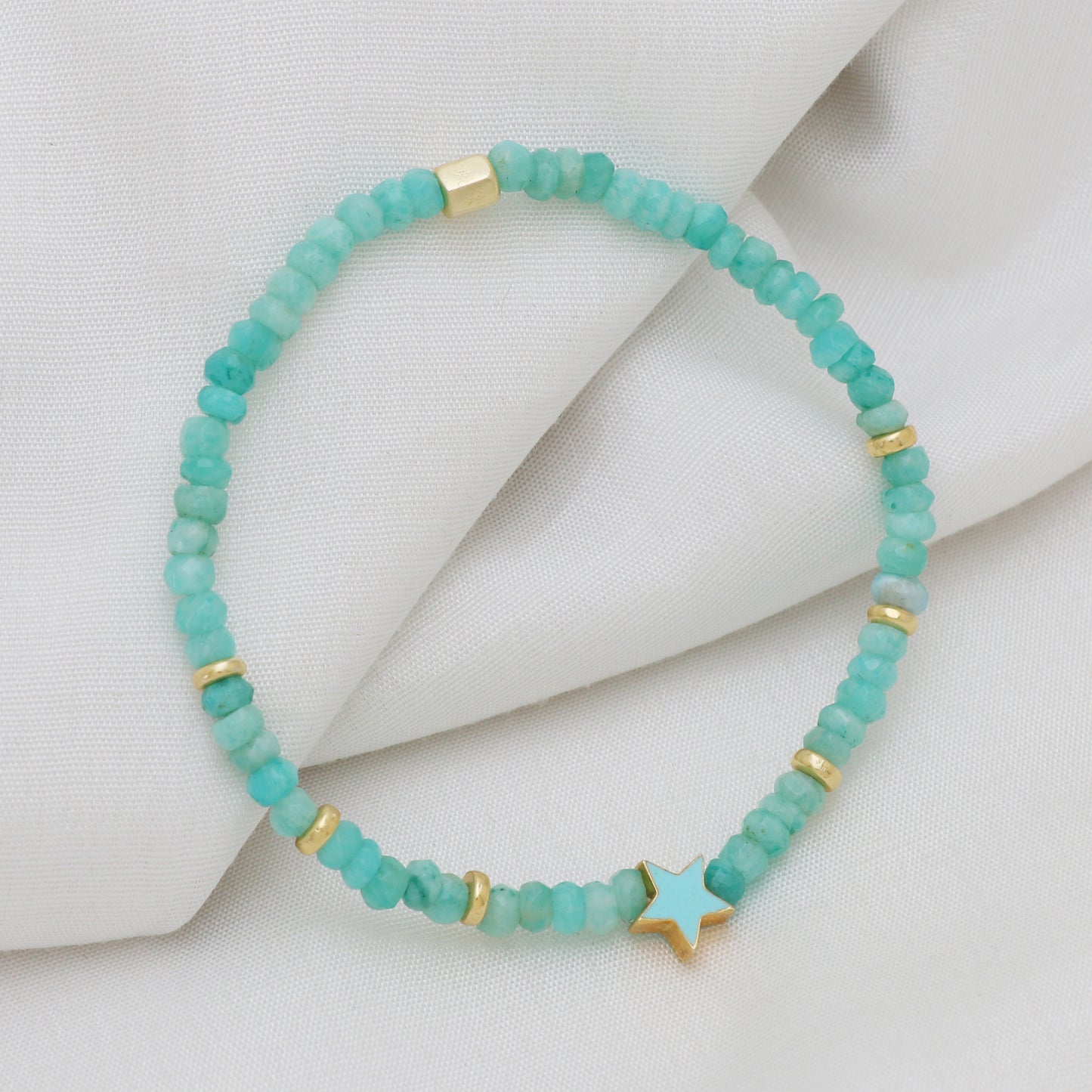Amazonite star charm stretch bracelet with blue enamel and in gold plated 925 sterling silver
