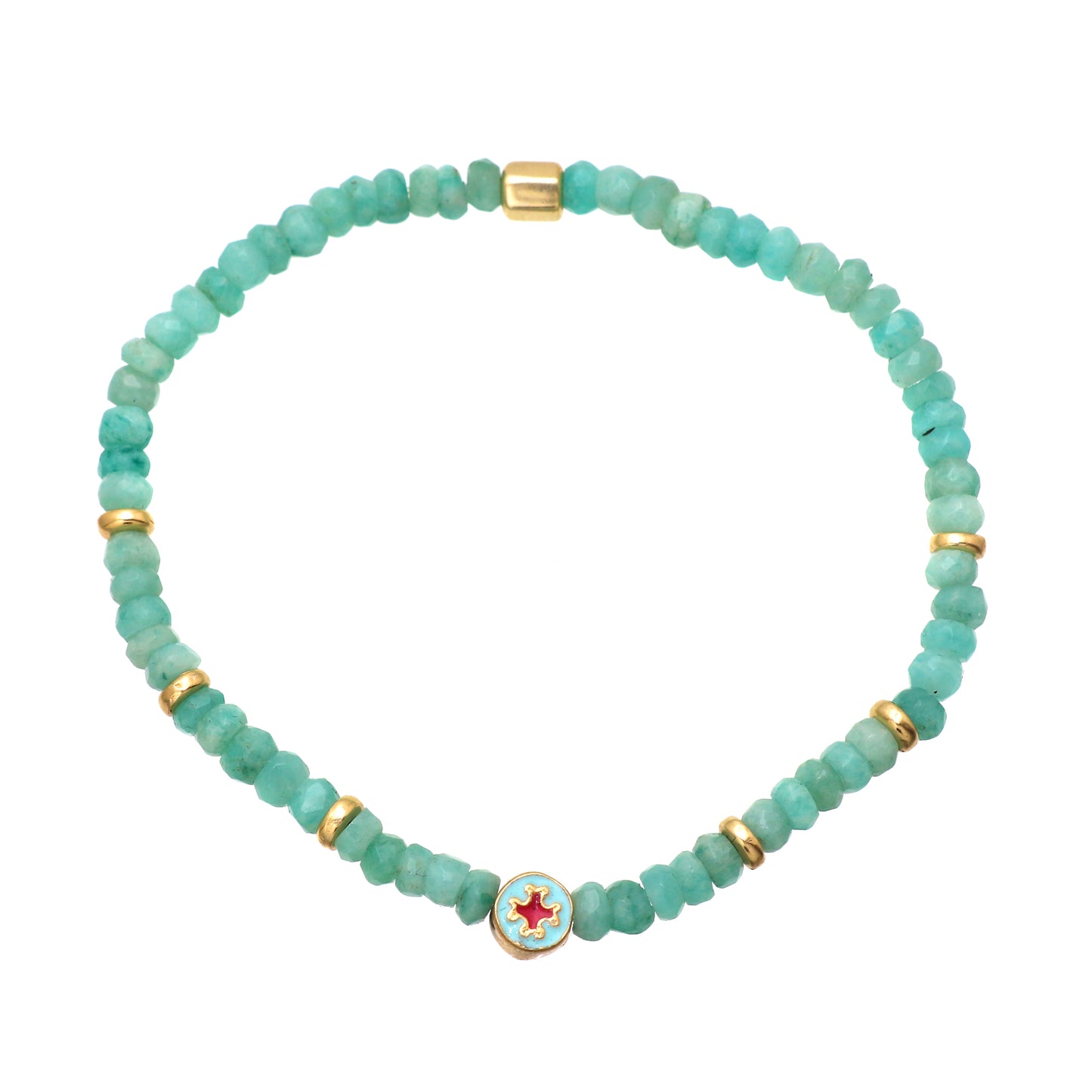 Amazonite flower charm stretch bracelet with blue and pink enamel in gold plated 925 sterling silver