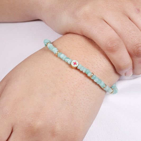 Amazonite flower charm stretch bracelet with blue and pink enamel in gold plated 925 sterling silver