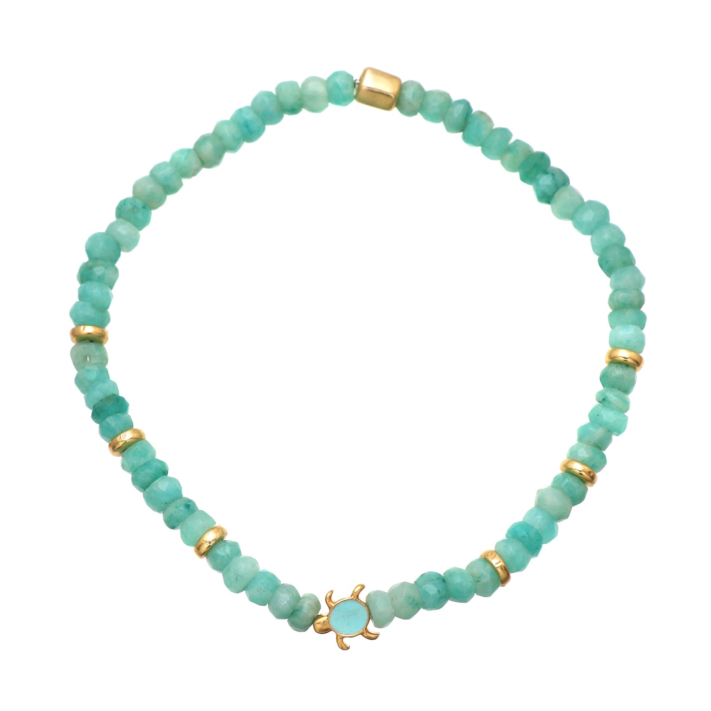 Amazonite turtle charm stretch bracelet with blue enamel and in gold plated 925 sterling silver
