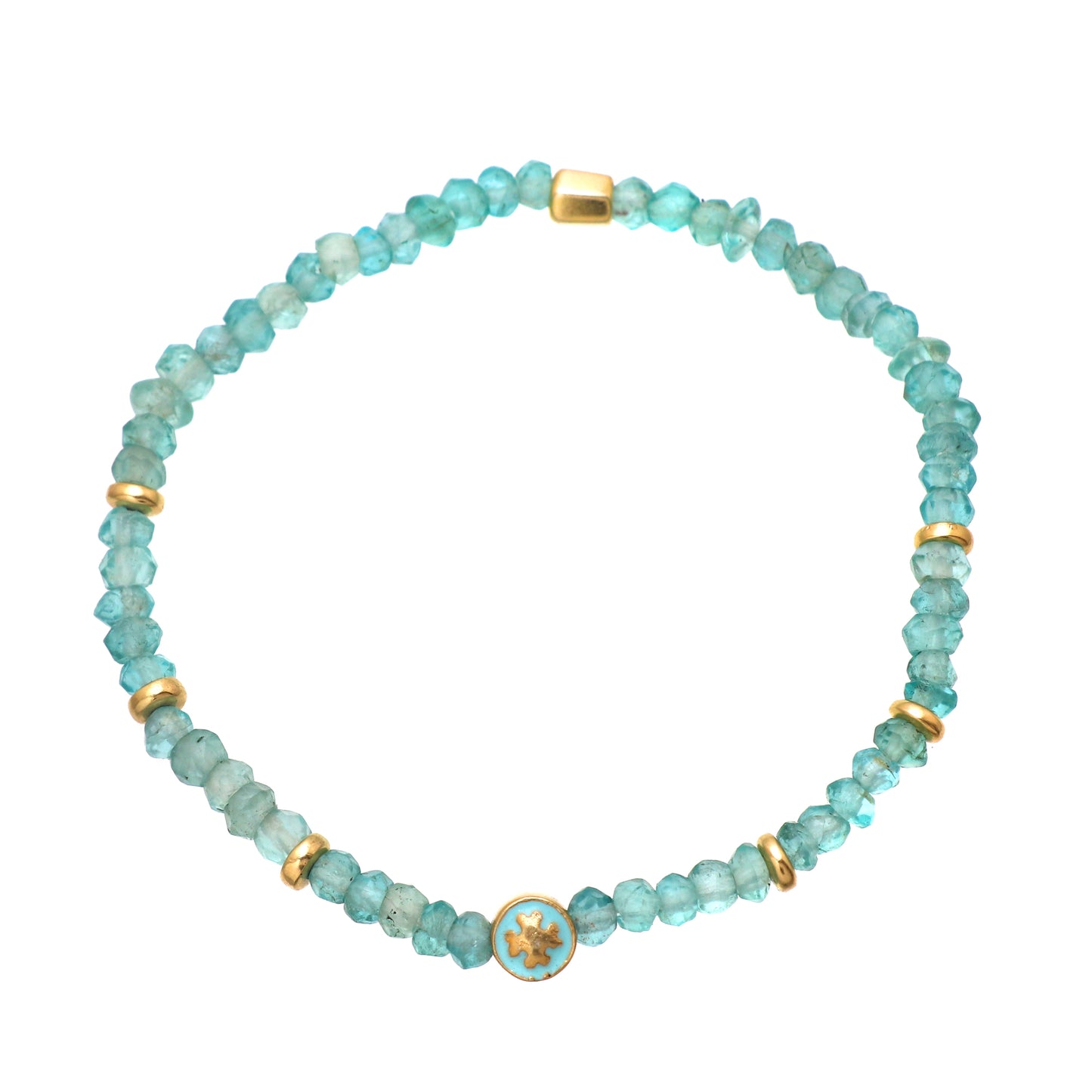 Apatite flower charm stretch bracelet with blue enamel in gold plated 925 sterling silver