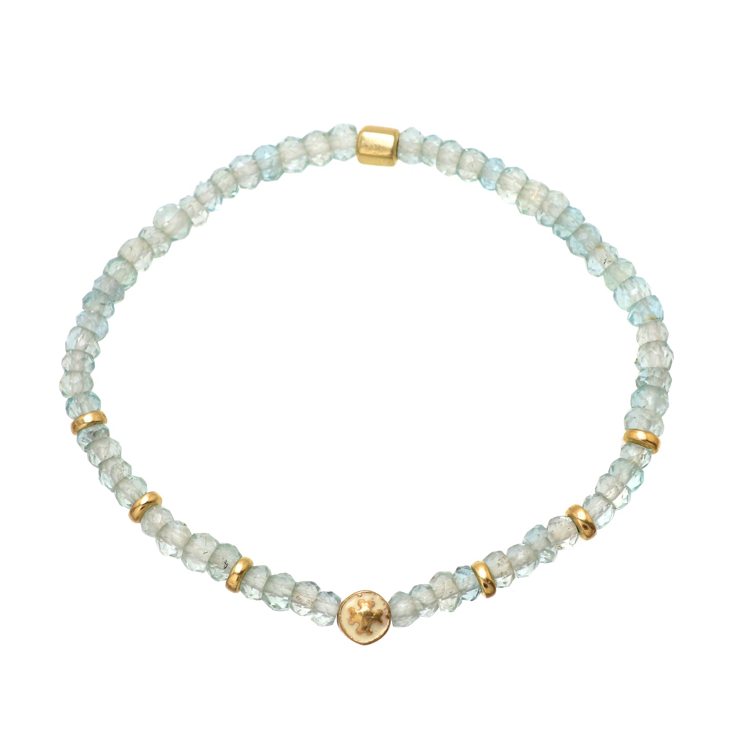 Aquamarine flower charm stretch bracelet with white enamel in gold plated 925 sterling silver