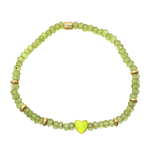 Peridot heart charm stretch bracelet with green enamel in gold plated 925 sterling silver