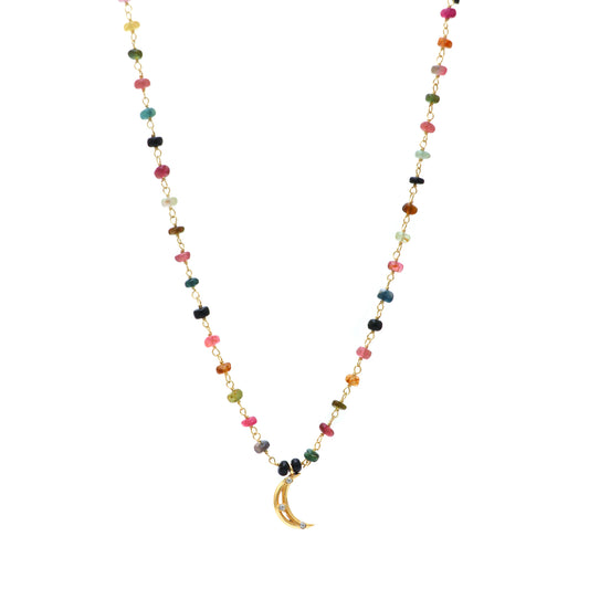 Multi Tourmaline beaded necklace with Moon charm in Gold plated 925 sterling silver