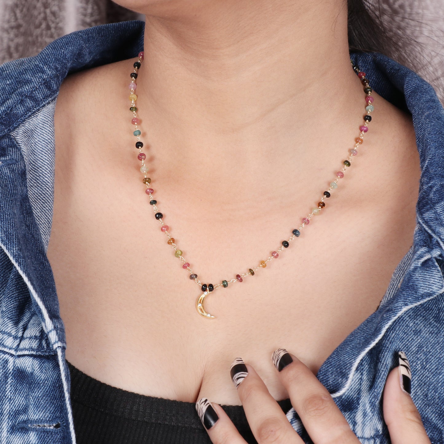 Multi Tourmaline beaded necklace with Moon charm in Gold plated 925 sterling silver