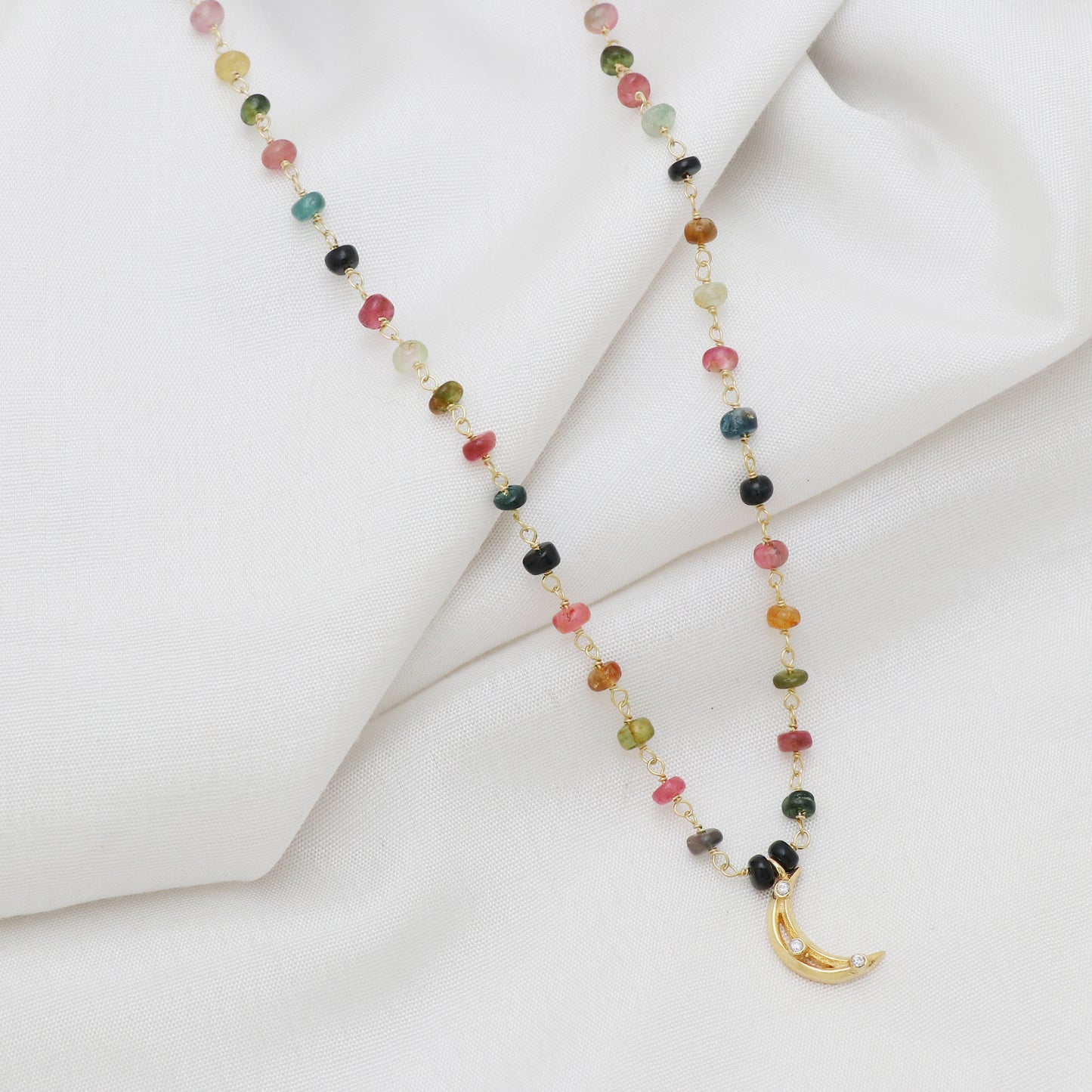 Multi Tourmaline beaded necklace with Moon charm in Gold plated 925 sterling silver