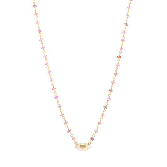 Pink Tourmaline beaded necklace with white enamel Heart charm in gold plated 925 sterling silver