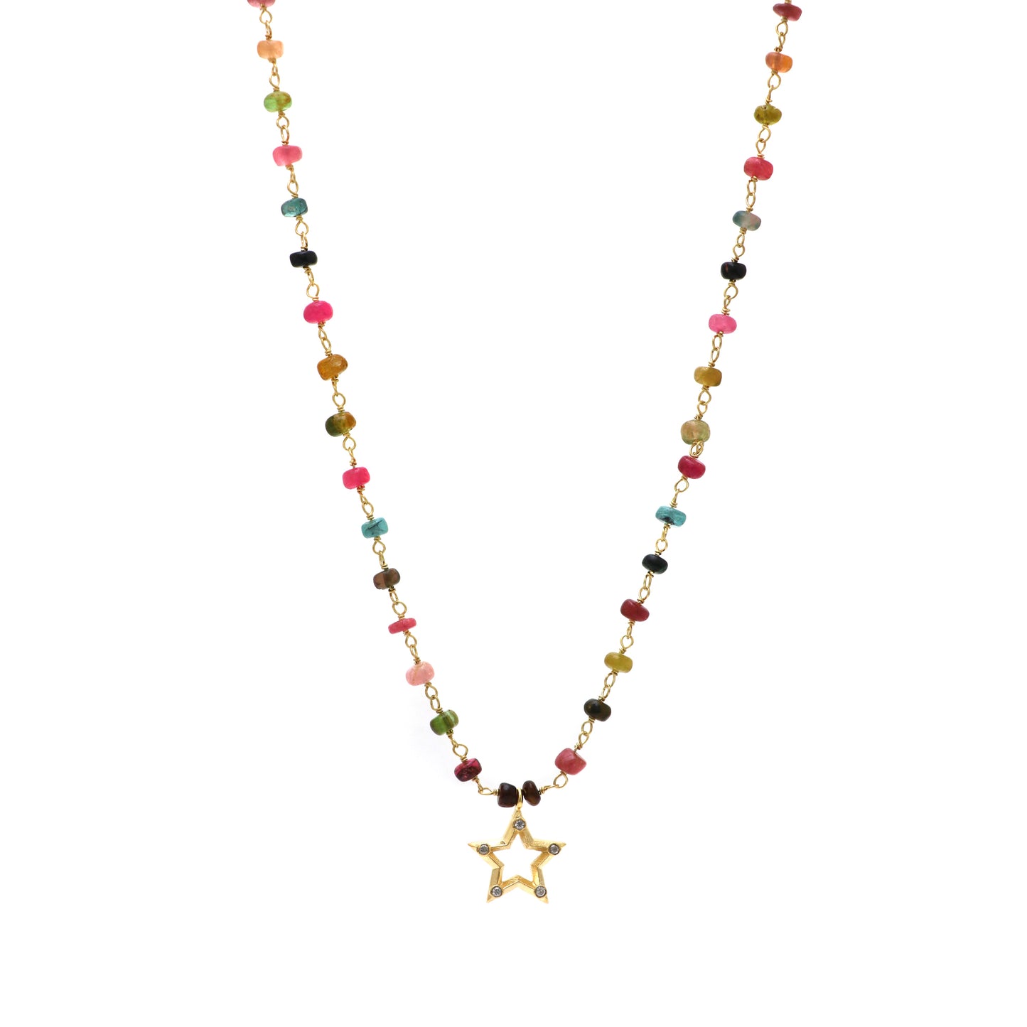 Watermelon Tourmaline beaded necklace with Star charm in gold plated 925 sterling silver