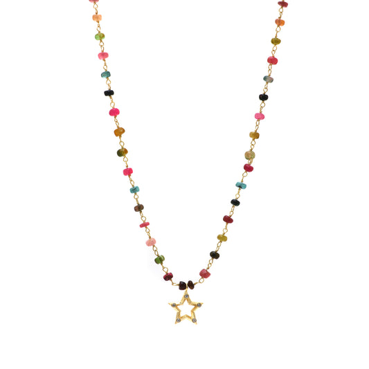 Watermelon Tourmaline beaded necklace with Star charm in gold plated 925 sterling silver