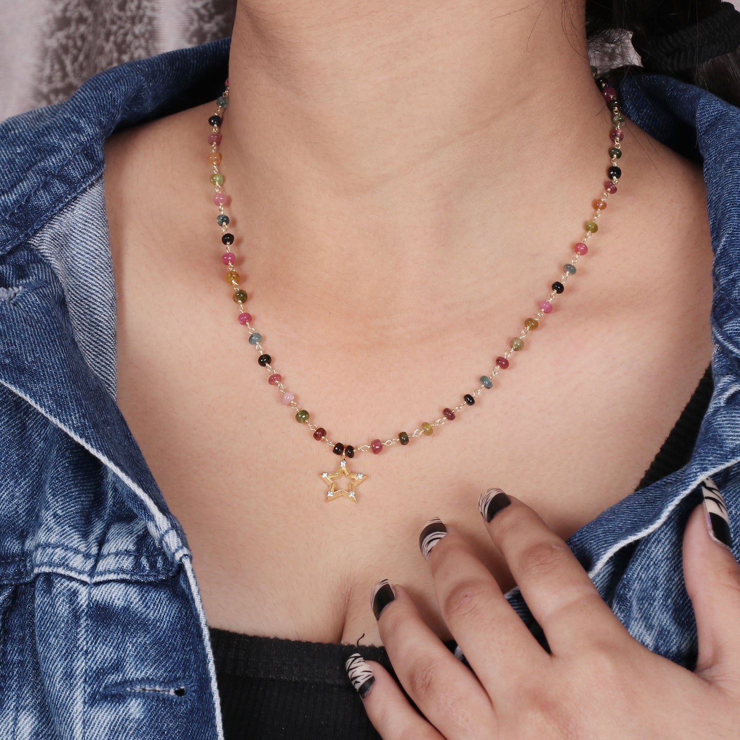 Watermelon Tourmaline beaded necklace with Star charm in gold plated 925 sterling silver