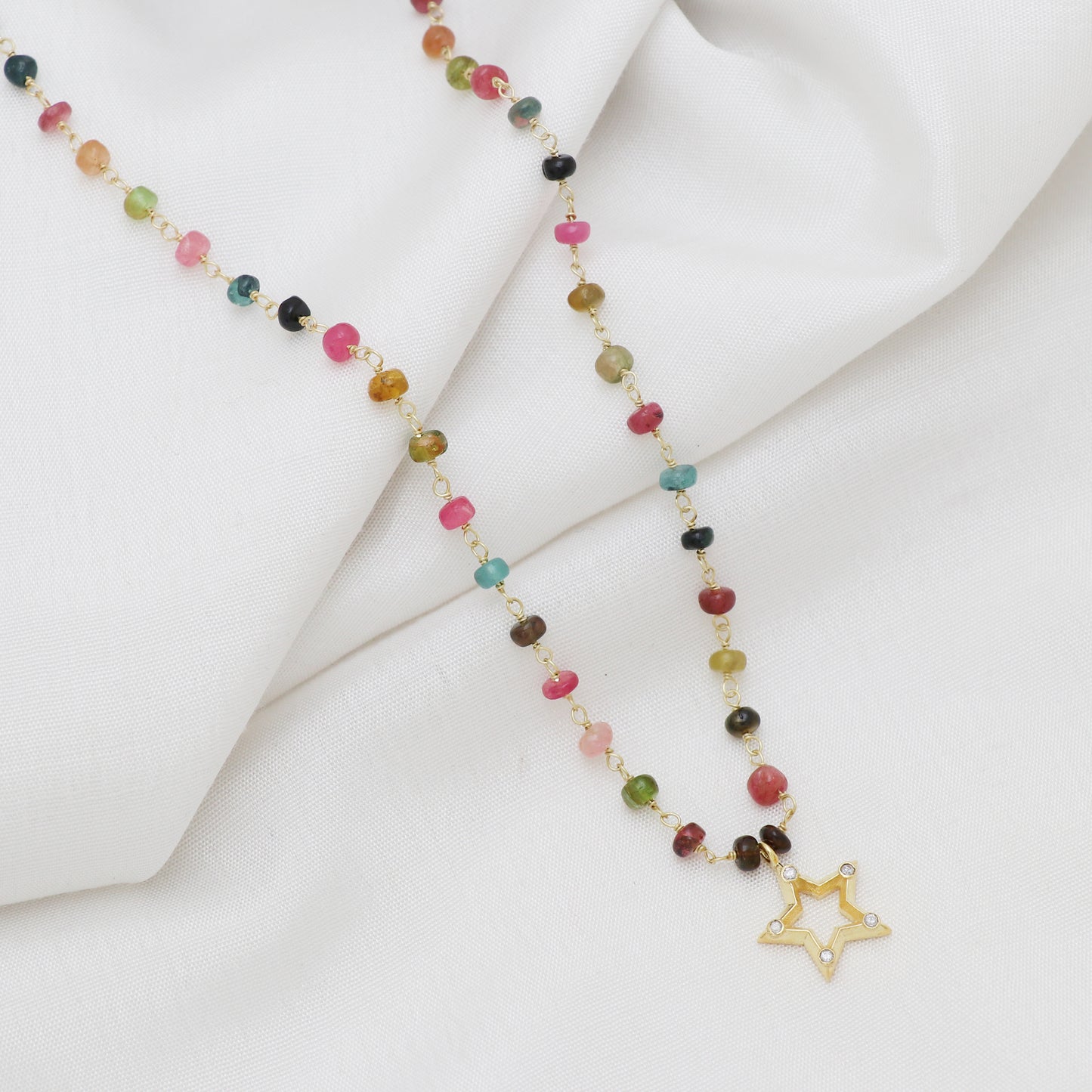 Watermelon Tourmaline beaded necklace with Star charm in gold plated 925 sterling silver