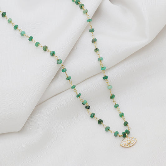 Emerald evil eye charm rosary necklace with white enamel and zircon stone in gold plated 925 sterling silver