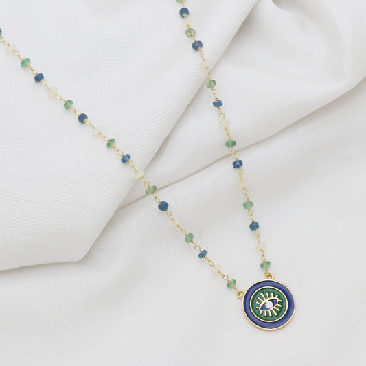 Evil Eye charm necklace with blue, green, white enamel and Opal, Apatite, Sapphire beads in gold plated 925 sterling silver