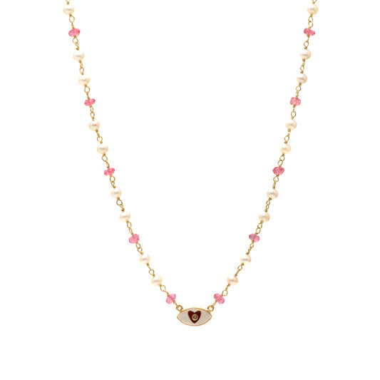 Pearl and pink topaz heart charm necklace with red and white enamel and zircon stone in gold plated 925 sterling silver