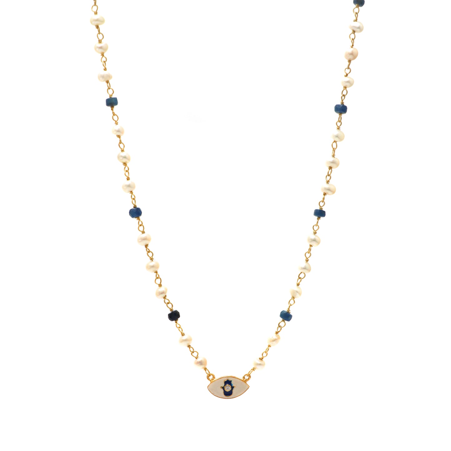 Pearl and Blue Saphhire beaded necklace with white and blue enamel Hamsa charm and zircon stone in 22k gold plated 925 sterling silver