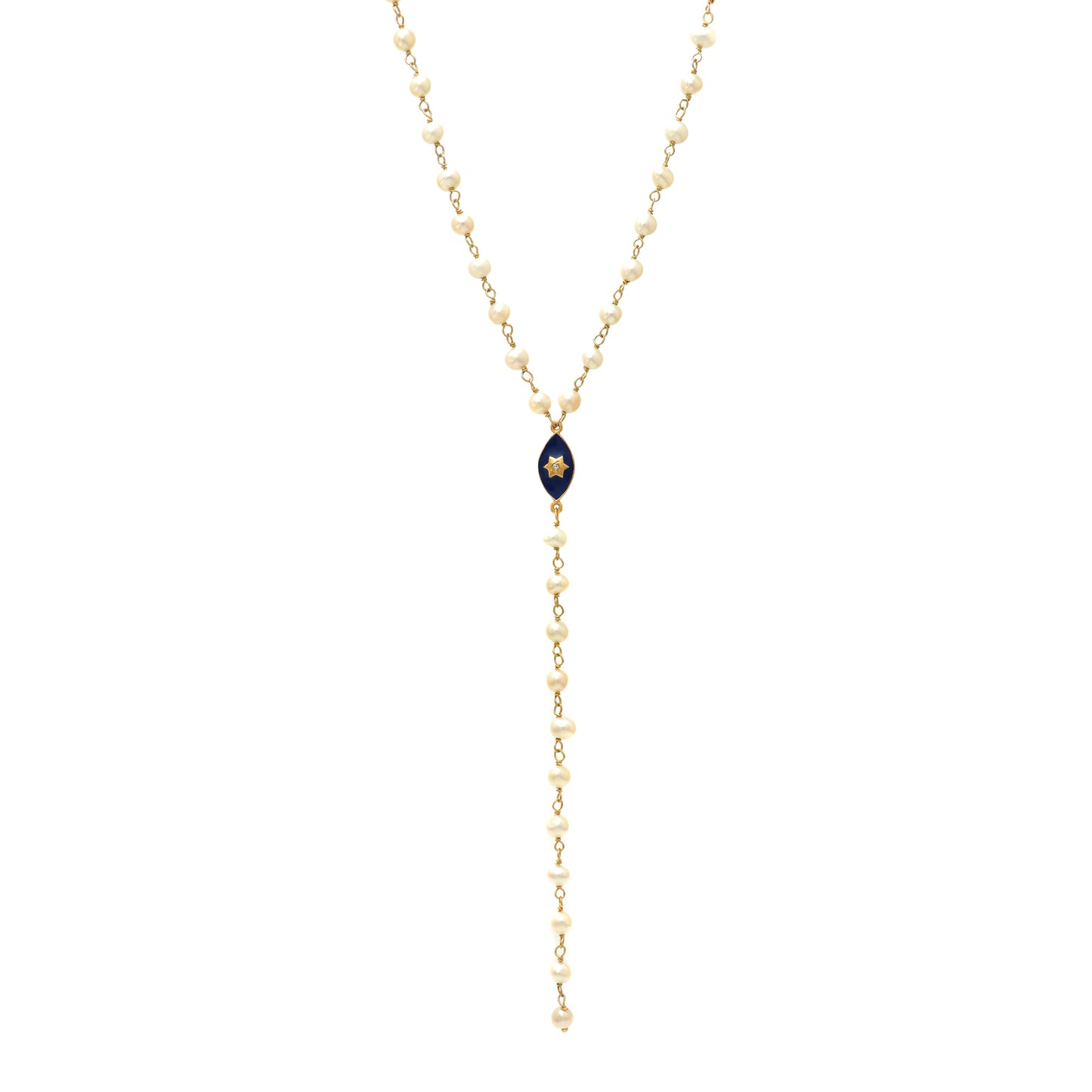 Pearl rosary Y necklace with blue enamel star charm and zircon stone in 22k gold plated 925 sterling silver