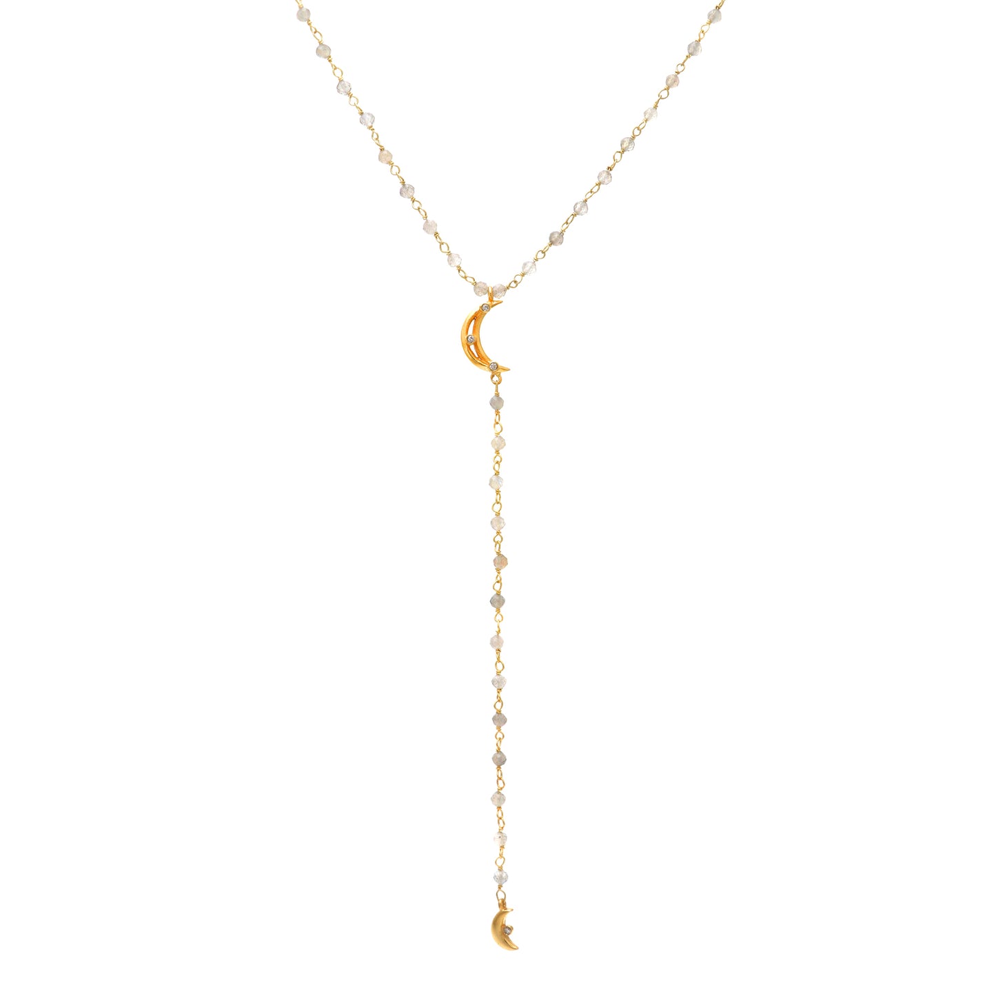 Labradorite rosary Y necklace with crescent moon charm and zircon stones in 22k gold plated 925 sterling silver