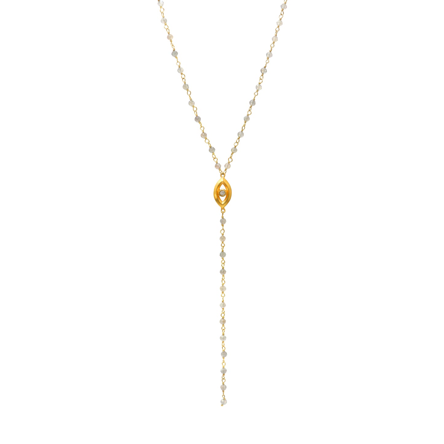 Labradorite rosary Y necklace with evil eye charm and zircon stone in 22k gold plated 925 sterling silver
