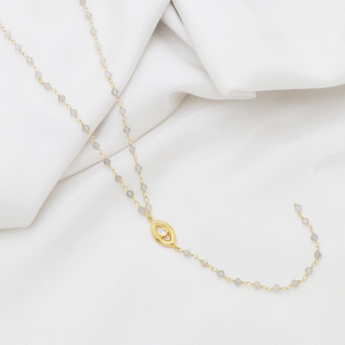Labradorite rosary Y necklace with evil eye charm and zircon stone in 22k gold plated 925 sterling silver