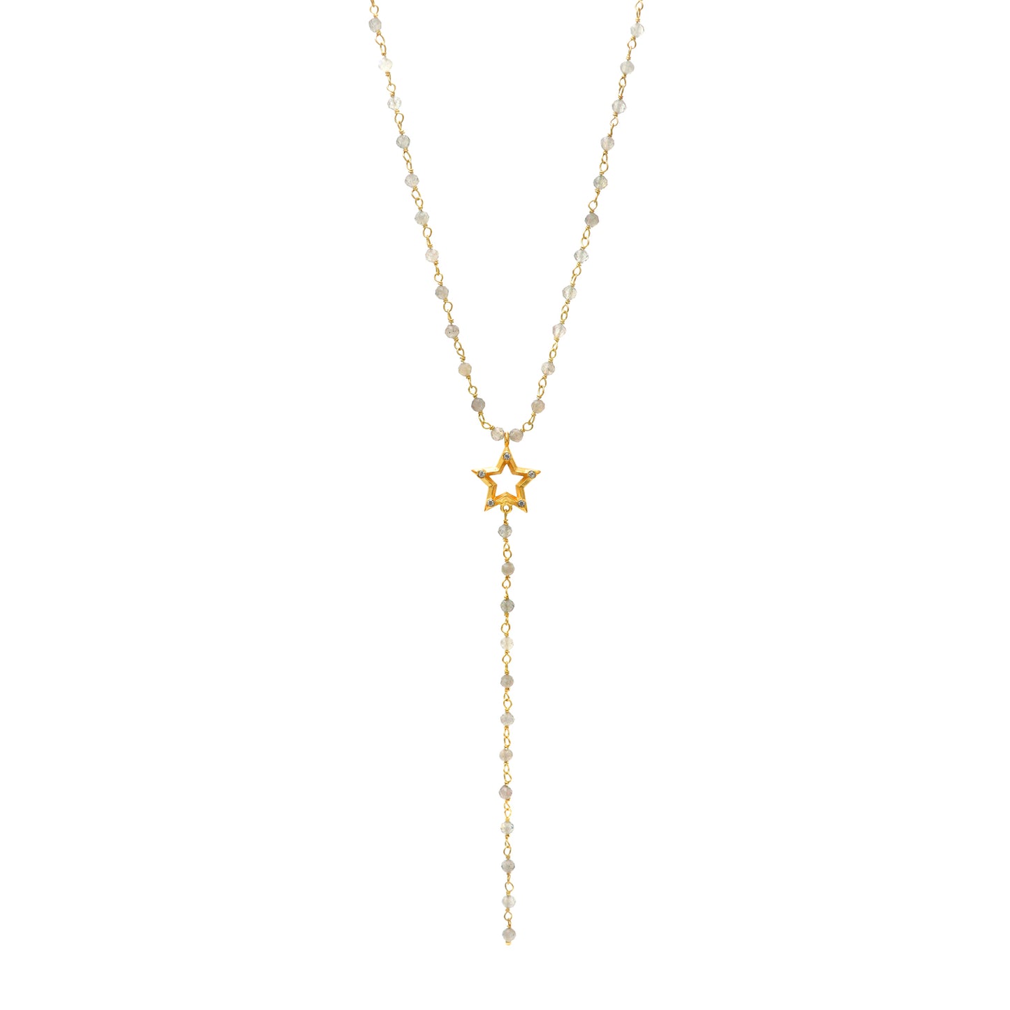 Labradorite rosary Y necklace with star charm and zircon stones in 22k gold plated 925 sterling silver