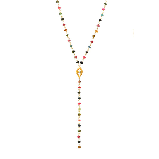 Multi Tourmaline rosary Y necklace with evil eye charm and zircon stone in 22K gold plated 925 sterling silver