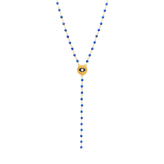 Lapis Lazuli rosary Y necklace with blue and white enamel evil eye charm in 22K gold plated 925 sterling silver