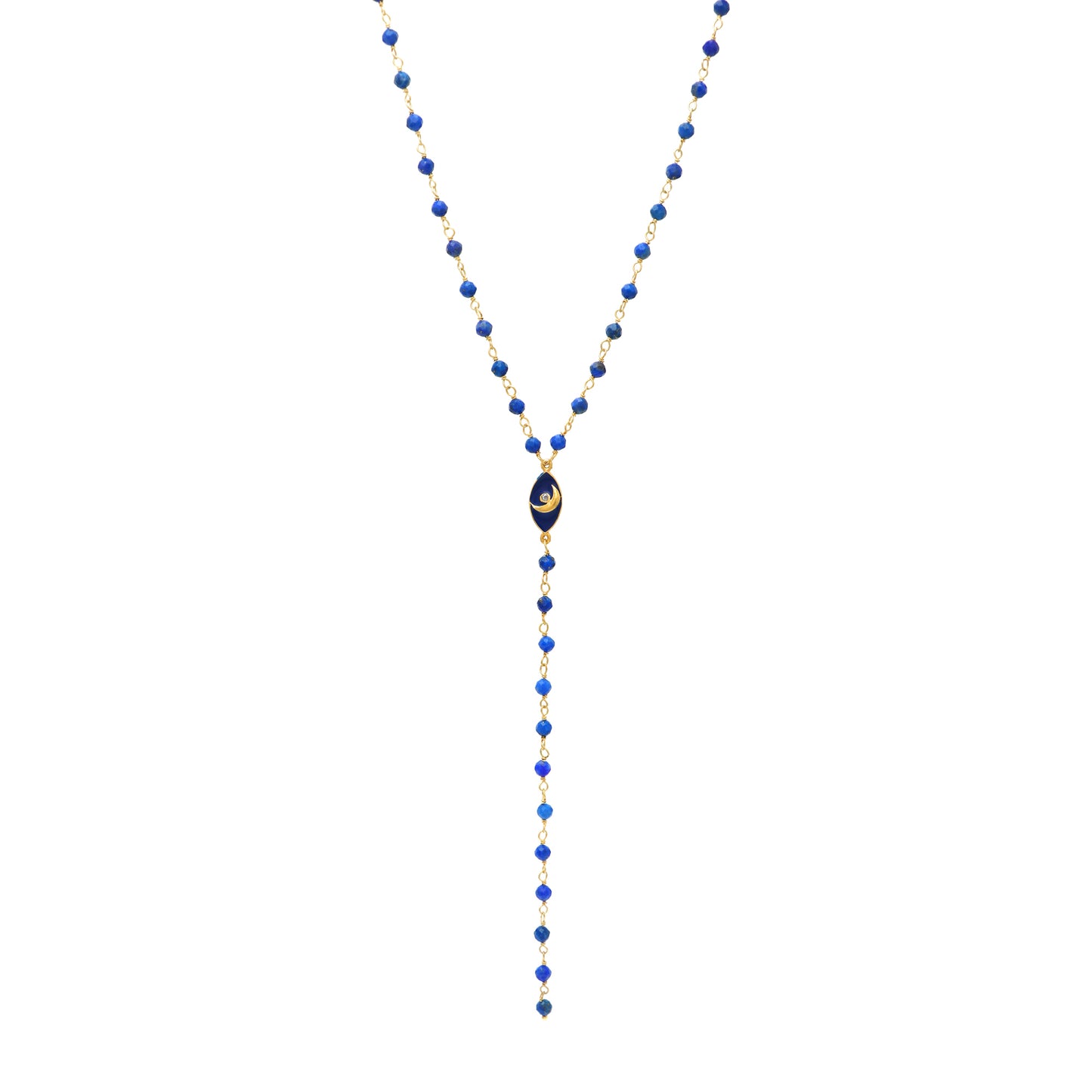 Lapis Lazuli rosary Y necklace with blue enamel crescent moon charm and zircon stone in 22K gold plated 925 sterling silver