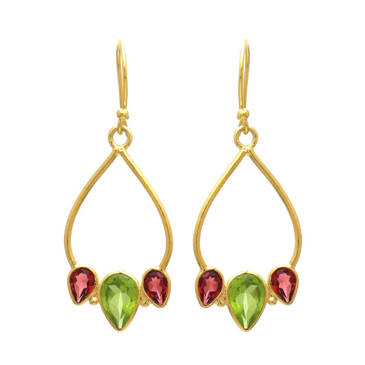 Gold plated 925 sterling silver earrings with peridot and garnet gemstone