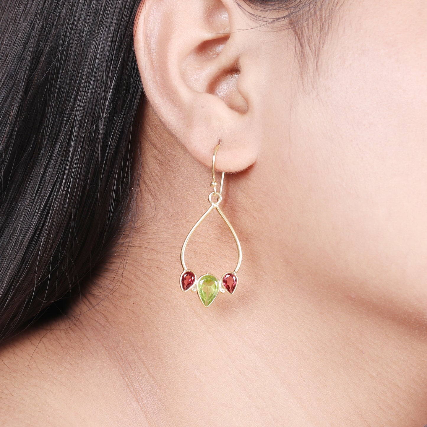 Gold plated 925 sterling silver earrings with peridot and garnet gemstone