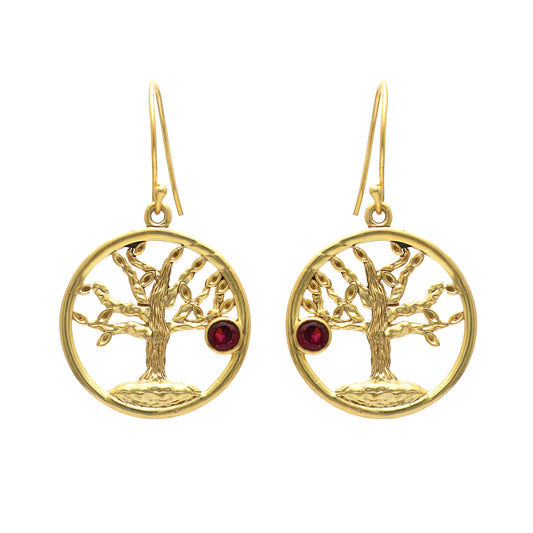 Gold plated 925 sterling silver tree of life earrings with garnet gemstone