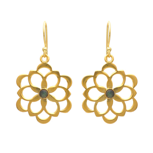 Flower shaped gold plated 925 sterling silver earrings with labradorite gemstone