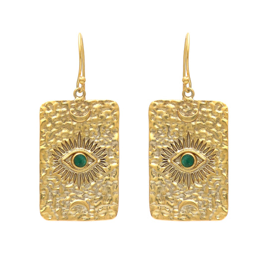 Evil eye symbol gold plated 925 sterling silver textured earrings with emerald gemstone