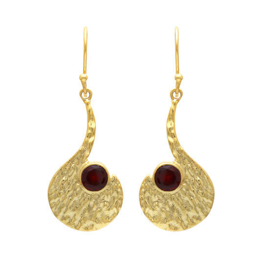 Gold plated 925 sterling silver textured earrings with garnet gemstone