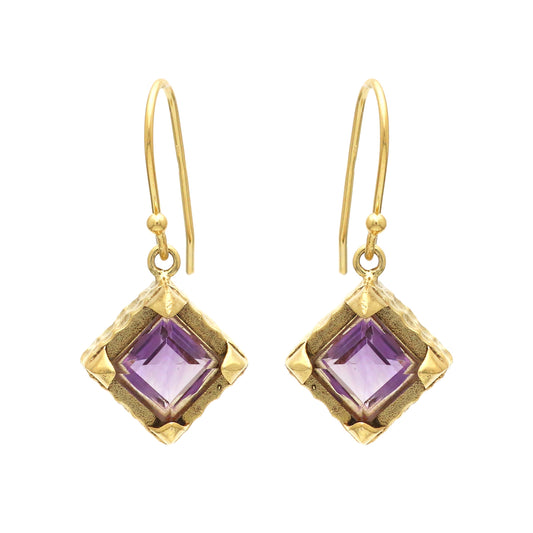 Hammered texture gold plated 925 sterling silver earrings with amethyst gemstone