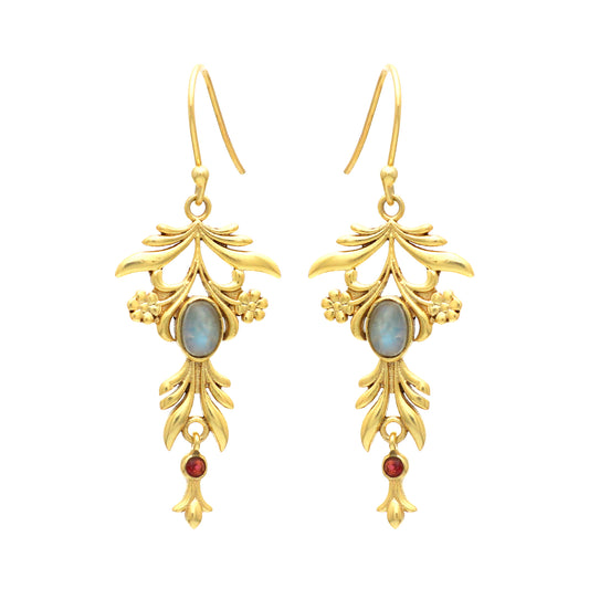 Gold plated 925 sterling silver earrings with garnet and rainbow moonstone gemstone