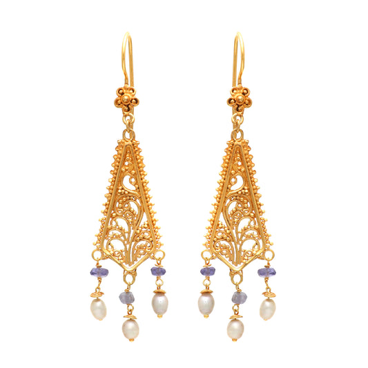 Filigree gold plated 925 sterling silver earrings with pearl and iolite gemstone