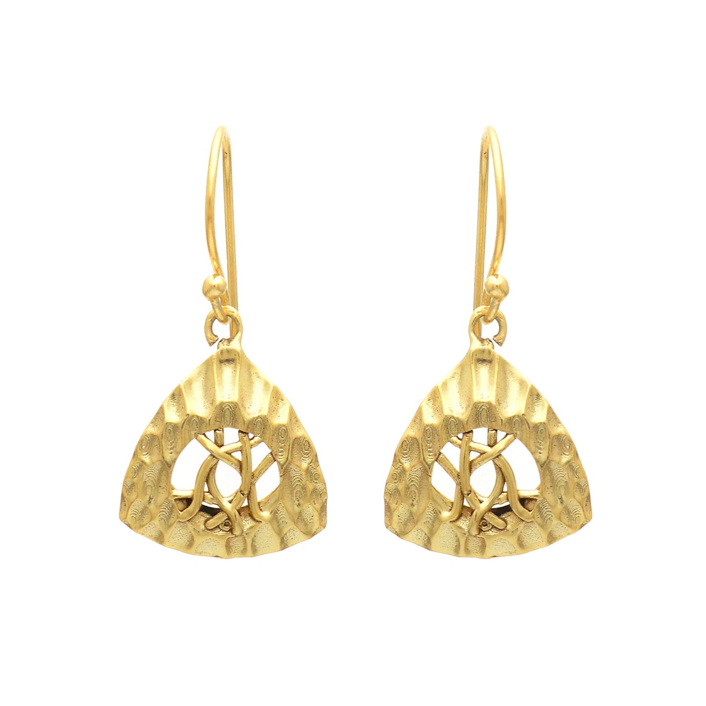 Hammered texture trillion shaped gold plated 925 sterling silver earrings