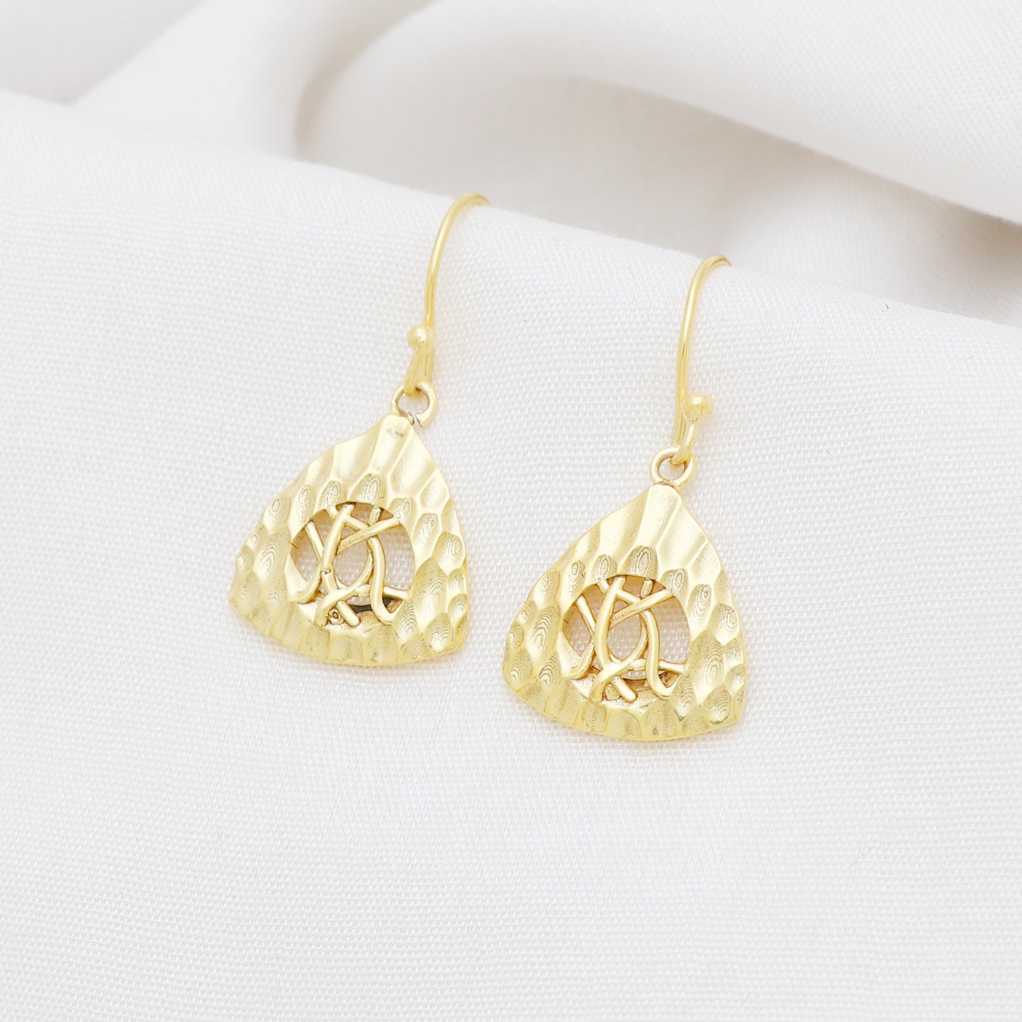 Hammered texture trillion shaped gold plated 925 sterling silver earrings