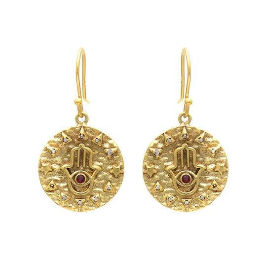 Hamsa symbol gold plated 925 sterling silver textured earrings with garnet and zircon gemstone