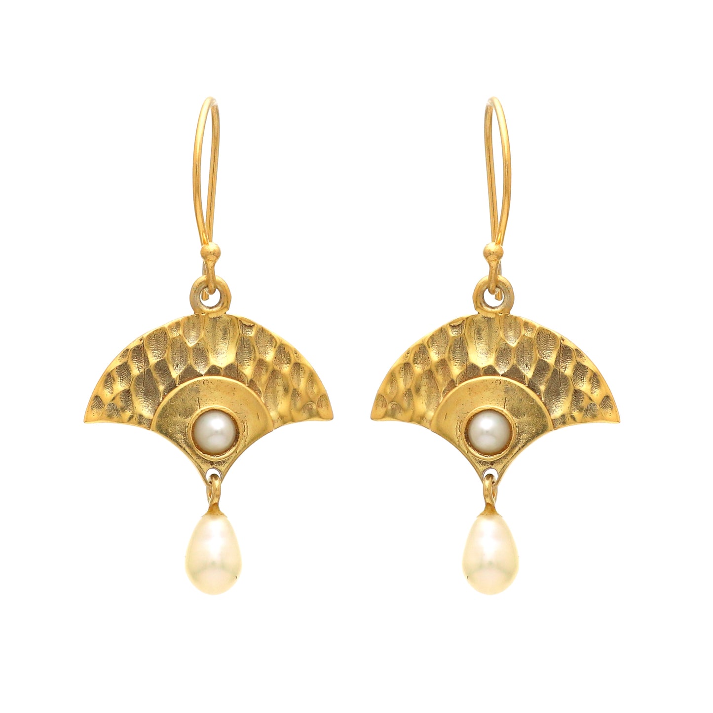 Hammered textured earrings with pearl gemstone in gold plated 925 sterling silver