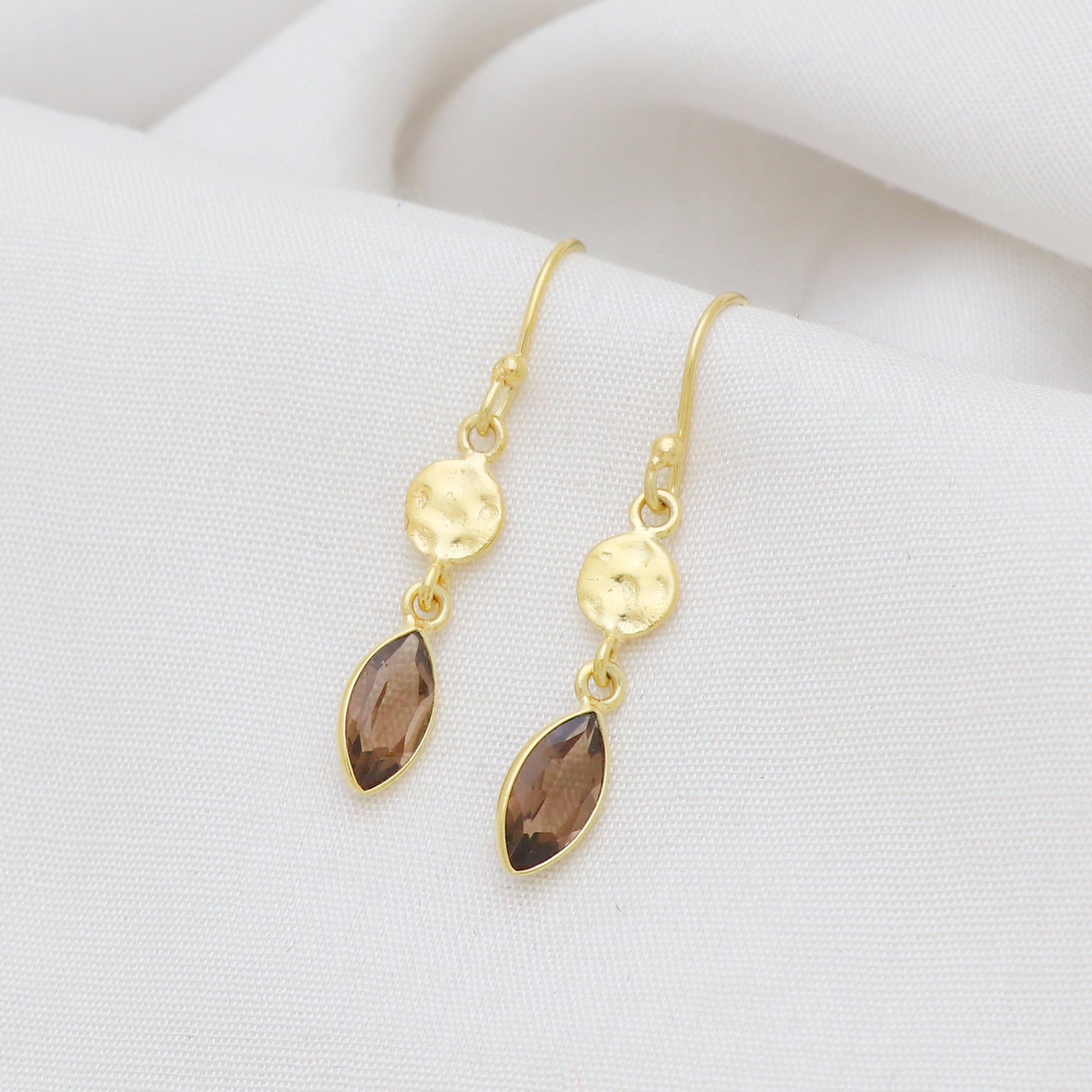 Hammered texture gold plated 925 sterling silver earrings with smoky gemstone