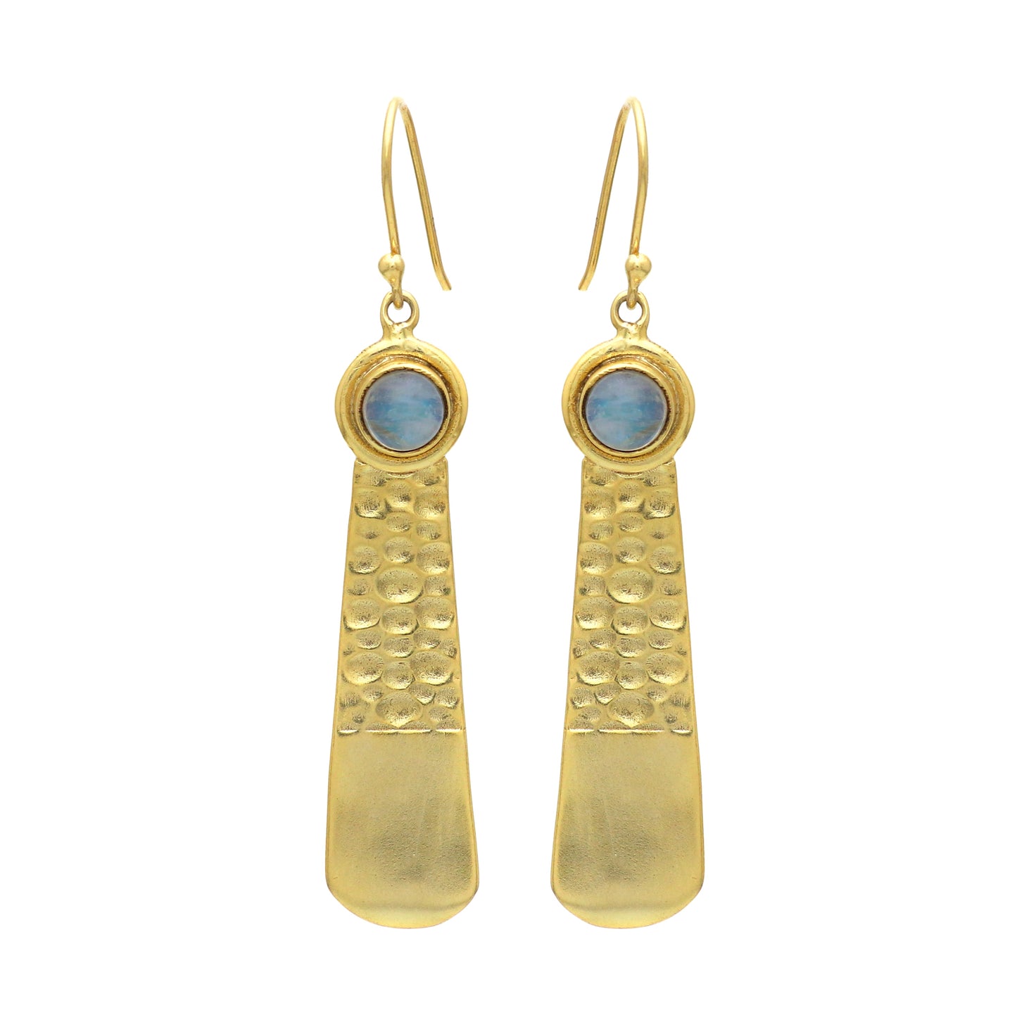 Hammered texture gold plated 925 sterling silver earrings with rainbow moonstone gemstone