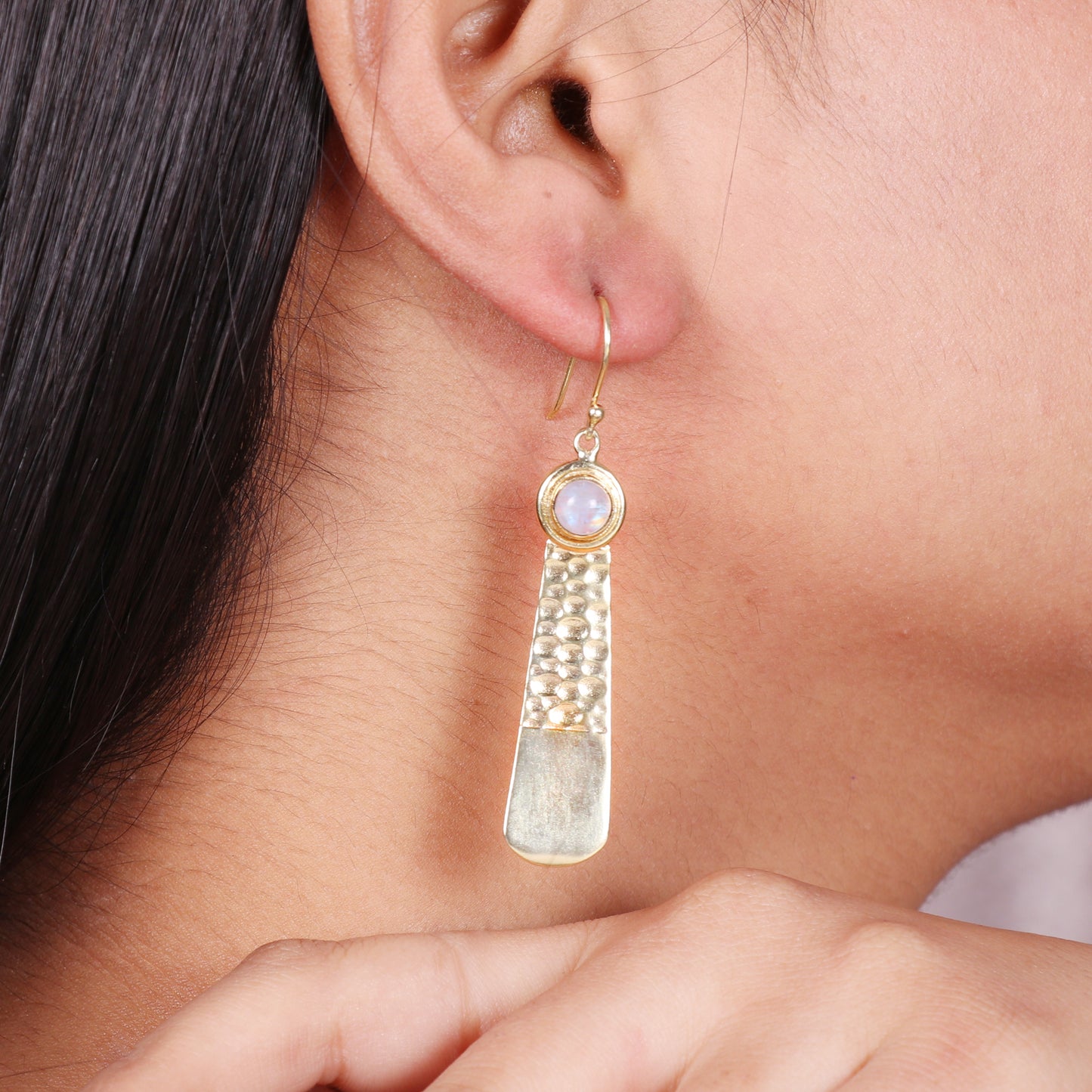 Hammered texture gold plated 925 sterling silver earrings with rainbow moonstone gemstone