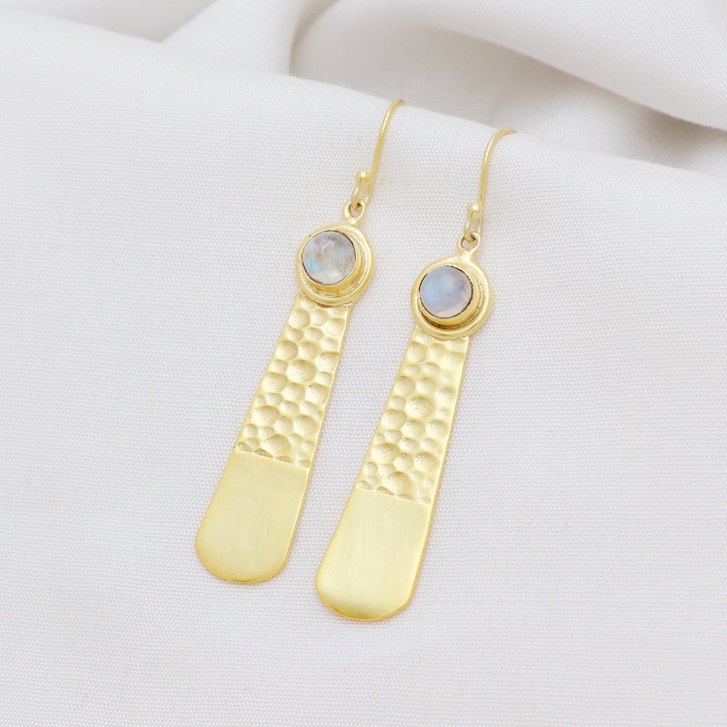 Hammered texture gold plated 925 sterling silver earrings with rainbow moonstone gemstone