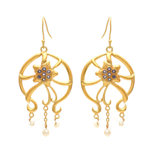 Gold plated 925 sterling silver earrings with pearl and iolite gemstone